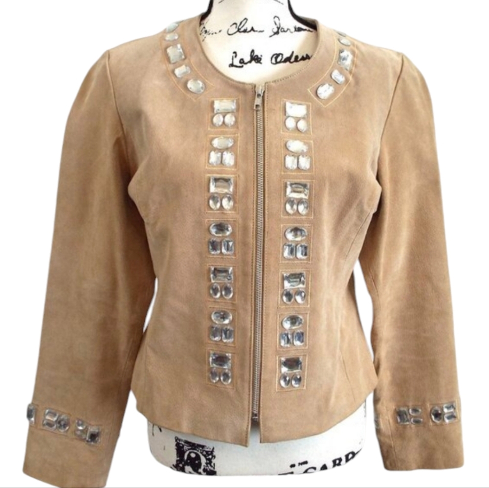 Boston Proper 100% Leather Rhinestone Accented Zip-up Suede Camel Jacket Size 12